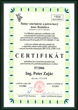 Certifikt spsobilosti pre senzorick posudzovanie potravinrskyc a ponohospodrskych produktov